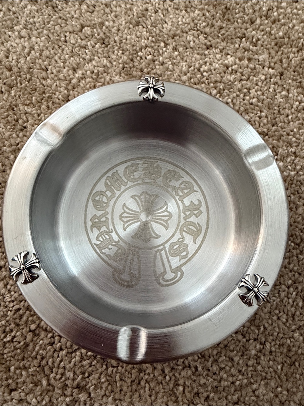 Chrome Cross Accent Metal Ashtray - Silver Finish